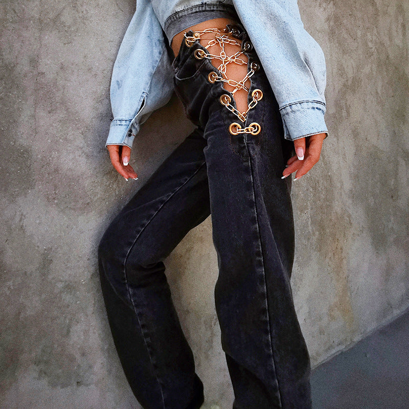 High Rise Chain Straight Leg Jeans