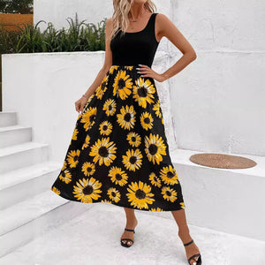 Elegant Lady Stitching Sunflower Print Dress