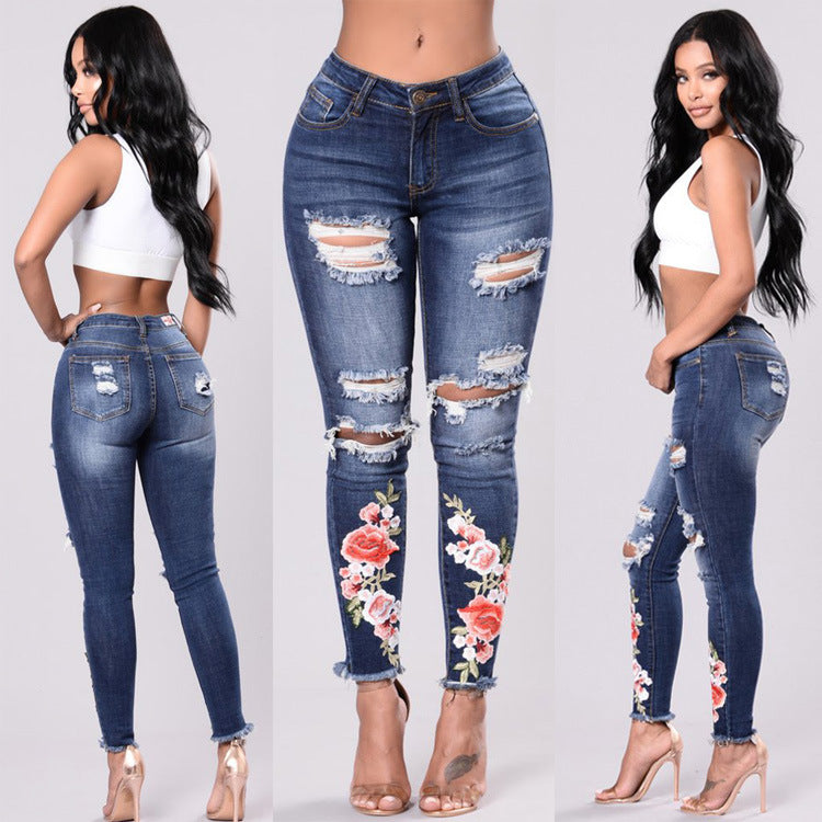 Summer Woman Ripped Jeans With Embroidery Hole