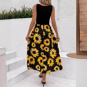 Elegant Lady Stitching Sunflower Print Dress