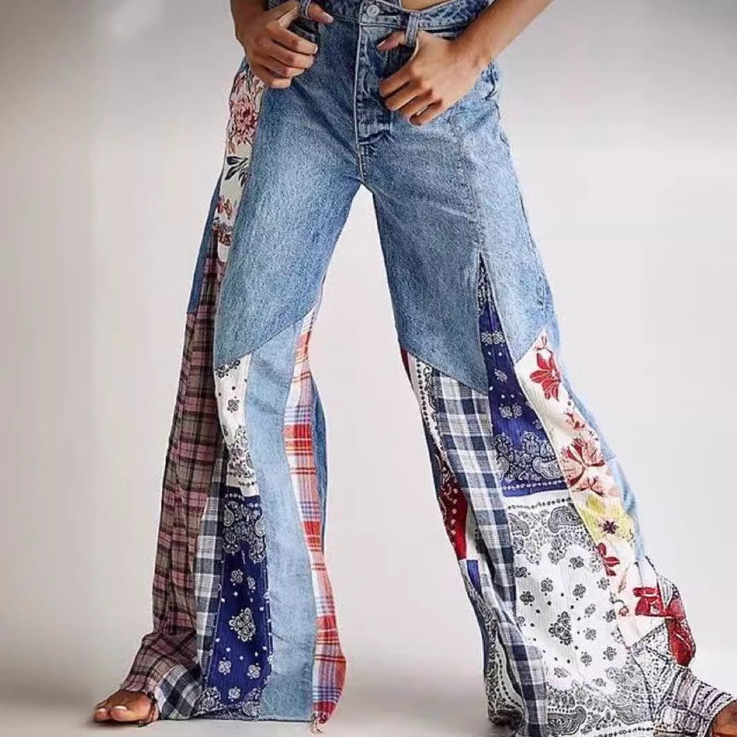 Stitching Button High Waist Wide Leg Jeans