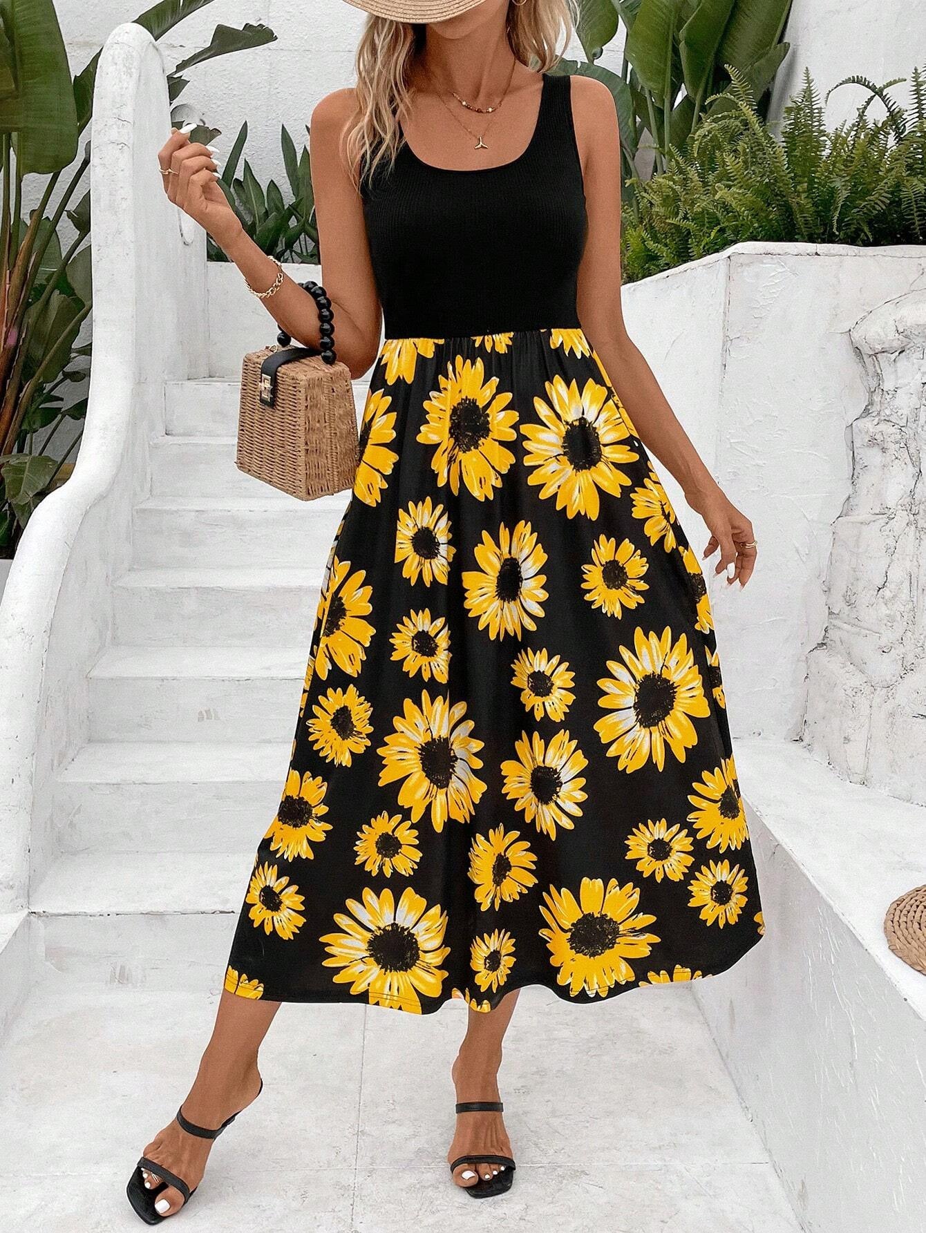 Elegant Lady Stitching Sunflower Print Dress