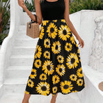 Elegant Lady Stitching Sunflower Print Dress