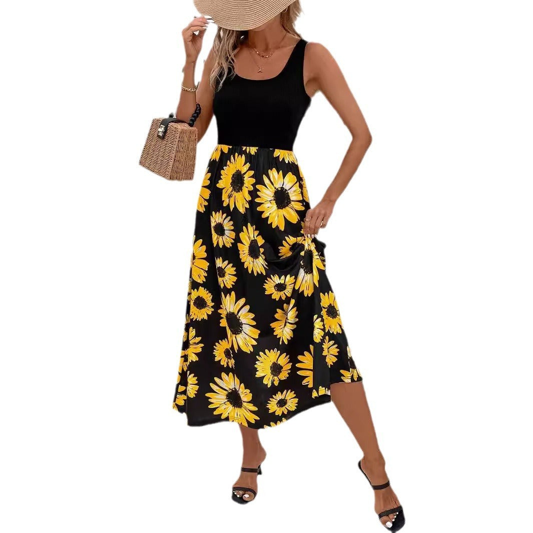 Elegant Lady Stitching Sunflower Print Dress