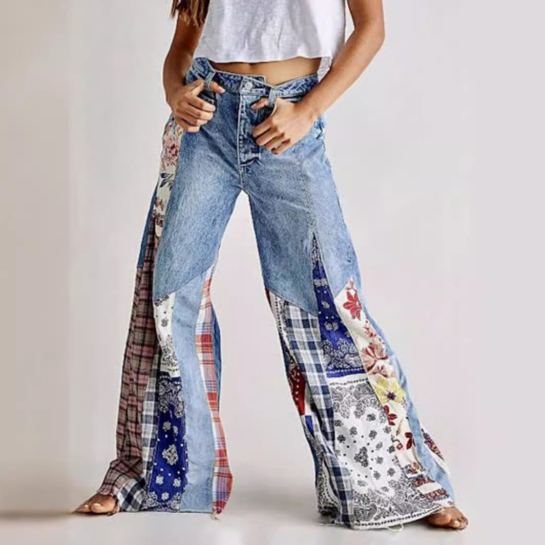 Stitching Button High Waist Wide Leg Jeans